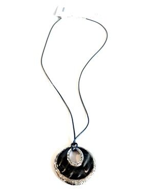 Chico's Black Silver Tamera Pendant Corded Necklace NWT